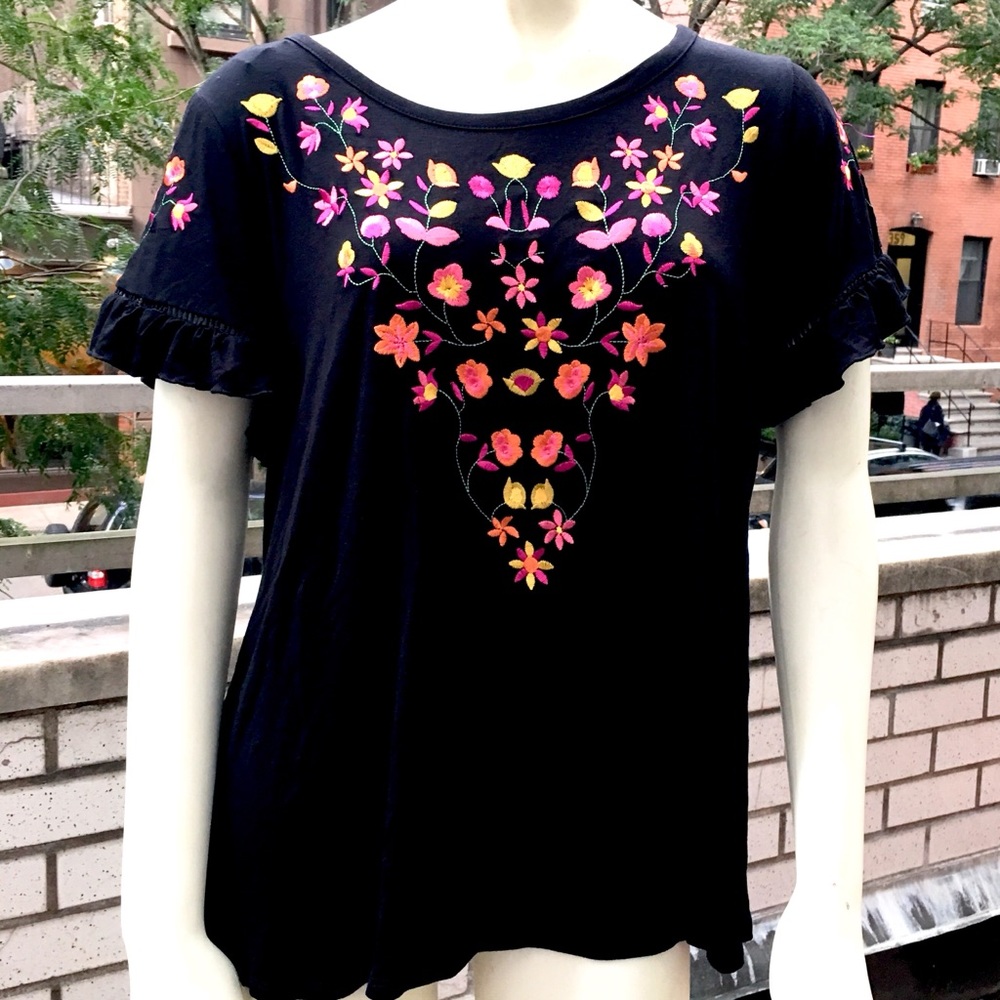Neiman Marcus Boho Embroidered Flutter Sleeve Top
